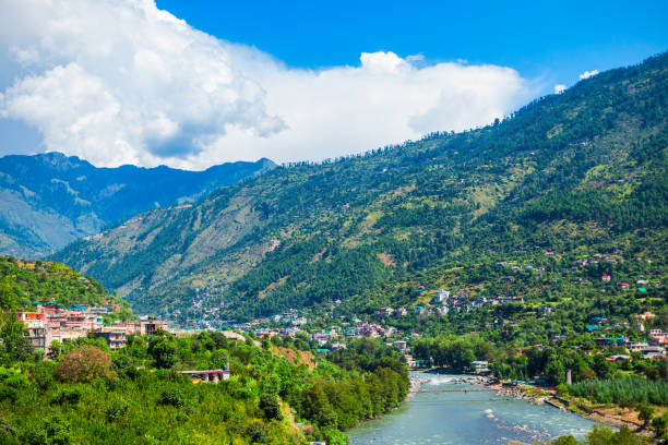 Snowy peaks and pine forests in Manali, Himachal Pradesh