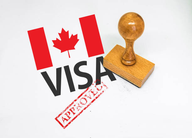 Canada Visa document with Canadian flag and passport on a wooden table
