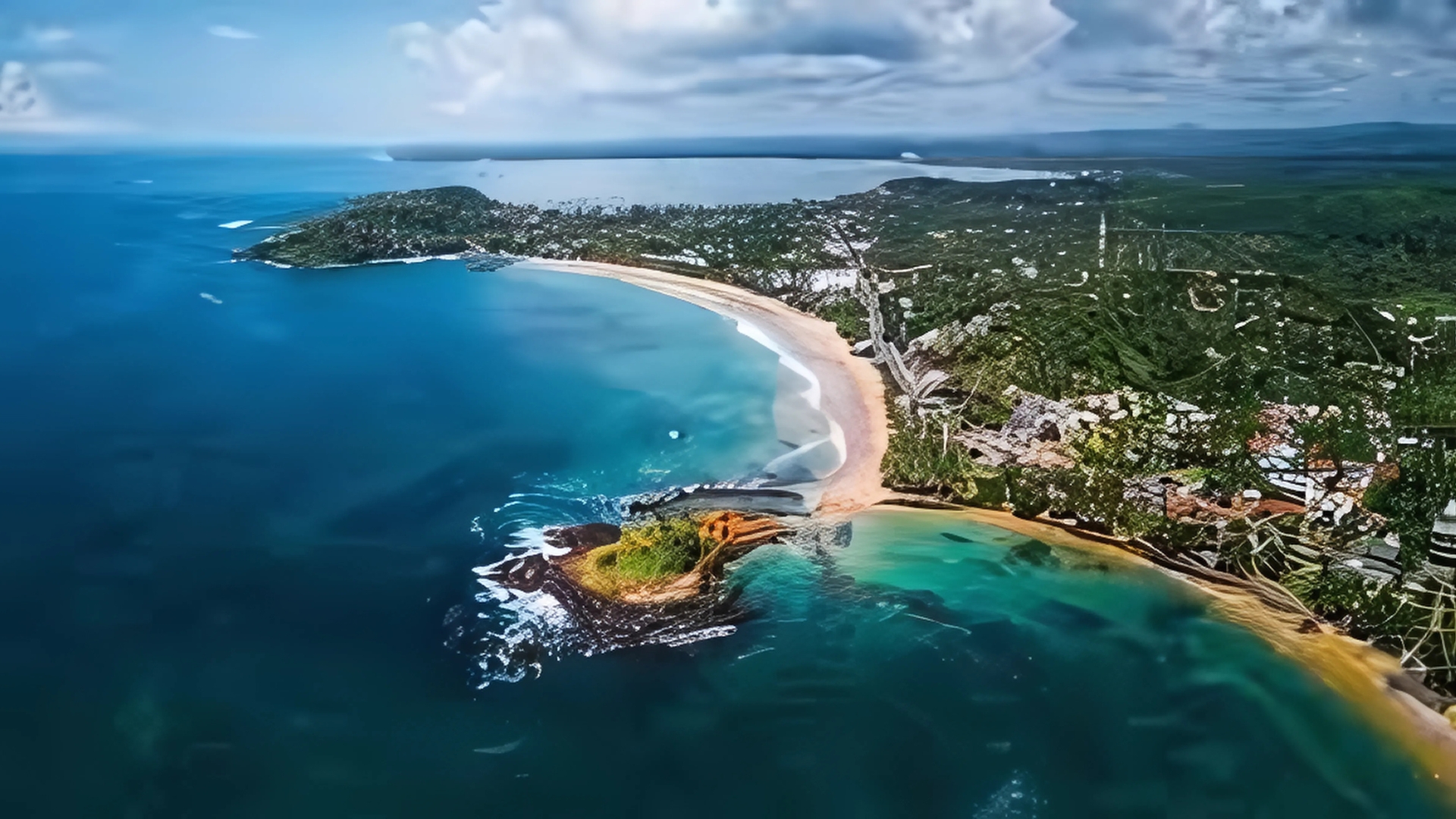 Aerial view of a curved sandy coastline with turquoise waters, lush greenery, and a small rocky islet in Sri Lanka.