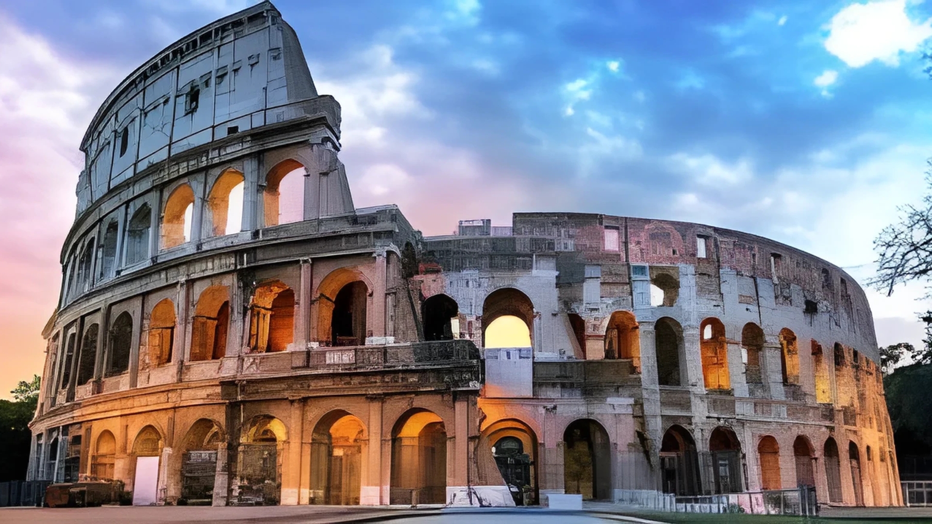 The Colosseum in Rome, Italy, illuminated under a colorful evening sky with shades of blue, pink, and orange.