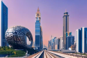Modern cityscape of Dubai featuring the Museum of the Future and high-rise towers with metro railway tracks in the foreground.