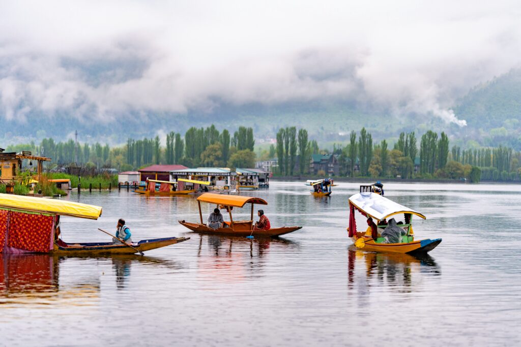 Dal Lake Shikara Ride in Srinagar Kashmir with Houseboats and Mountain View